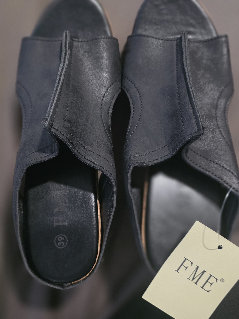 FME Black Slip-On Leather Sandals